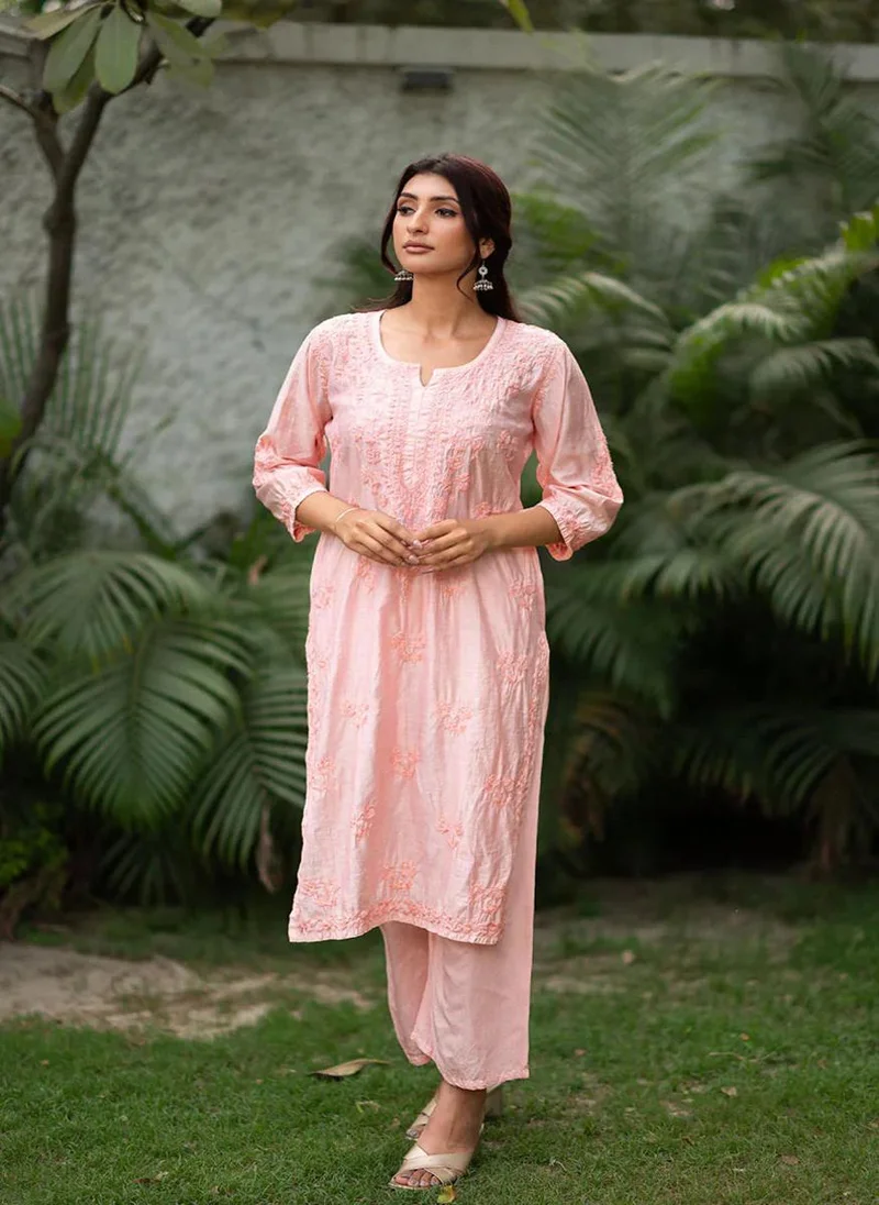 زيري سوق Suma Peach Chanderi Chikankari 2-Piece Kurta Set
