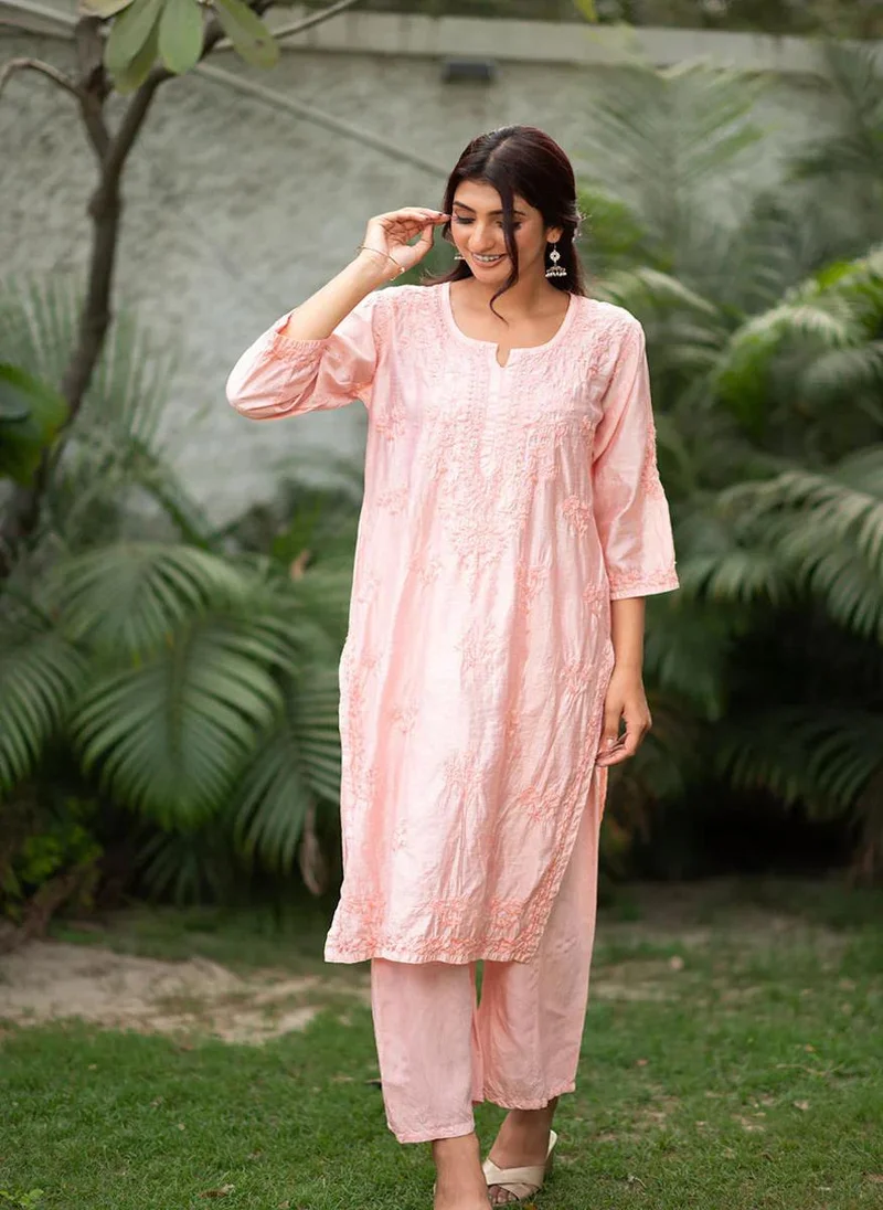 زيري سوق Suma Peach Chanderi Chikankari 2-Piece Kurta Set