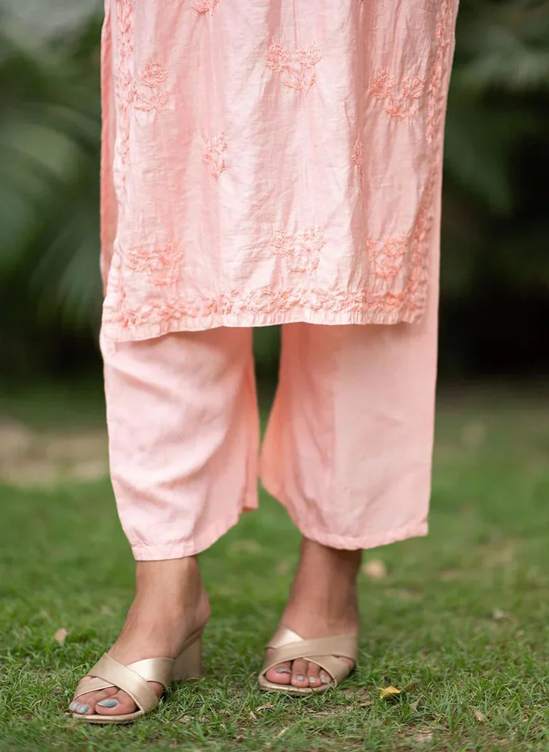 زيري سوق Suma Peach Chanderi Chikankari 2-Piece Kurta Set