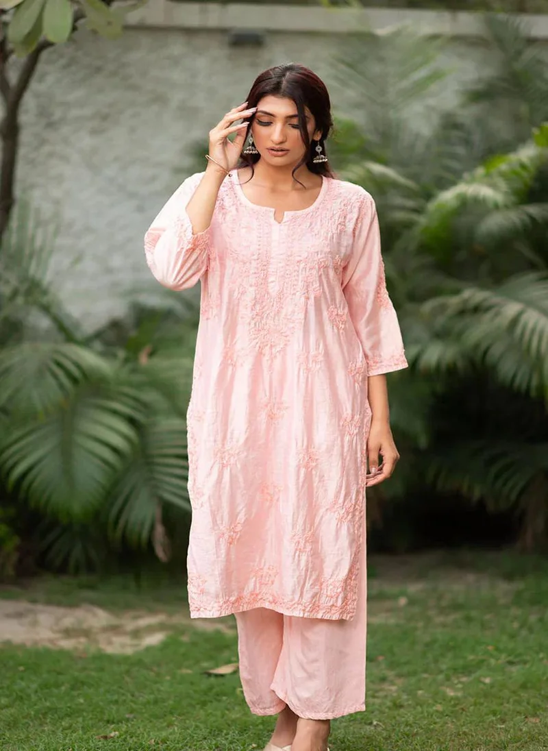 زيري سوق Suma Peach Chanderi Chikankari 2-Piece Kurta Set