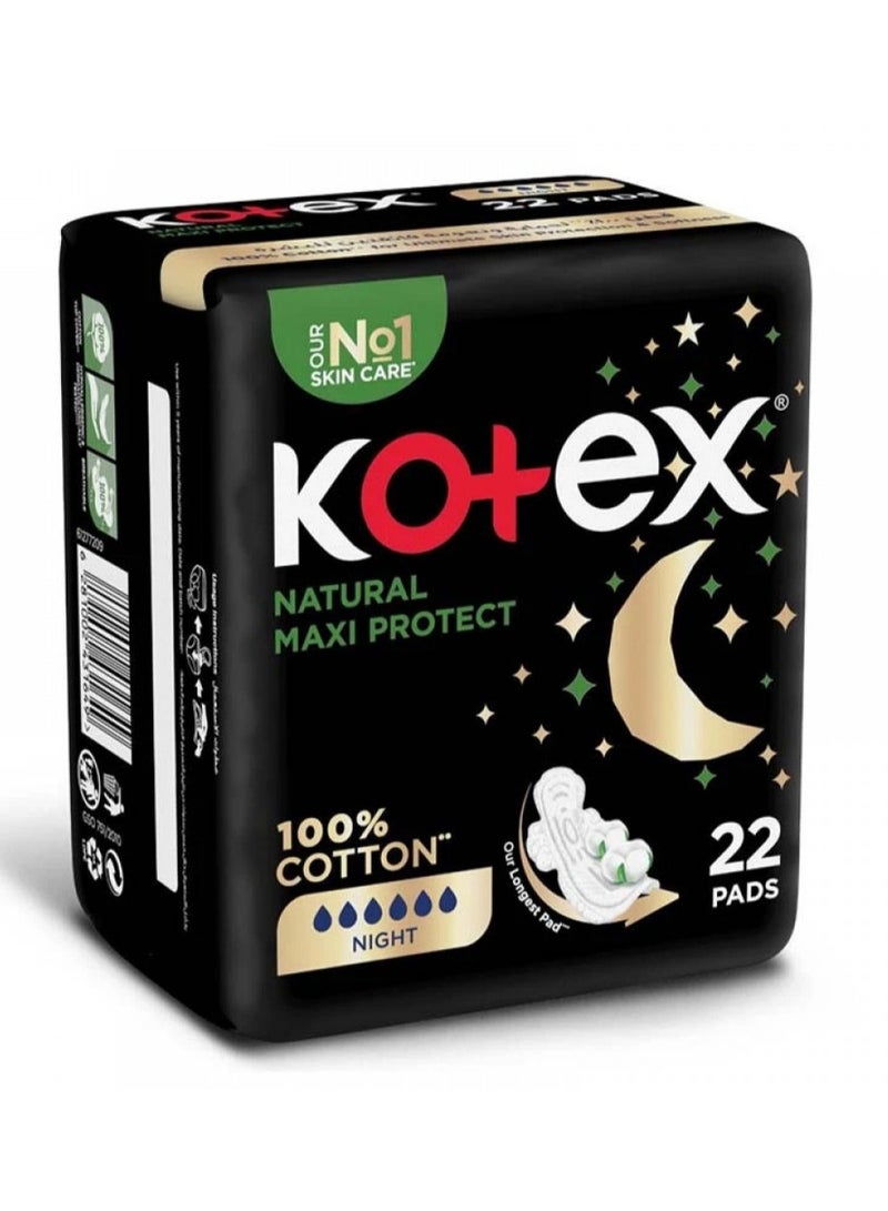 Kotex Natural Maxi Protect Sanitary 100% Cotton, Night+Wings, 22 Pads - Image 1