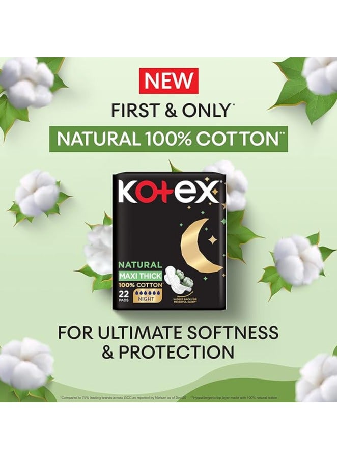 Kotex Natural Maxi Protect Sanitary 100% Cotton, Night+Wings, 22 Pads - Image 2
