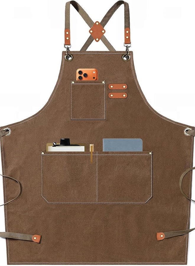 AFUN Chef Apron, Cotton Canvas Cross Back Apron with Adjustable Straps and Large Pockets,M to XXL (Brown) - Image 1