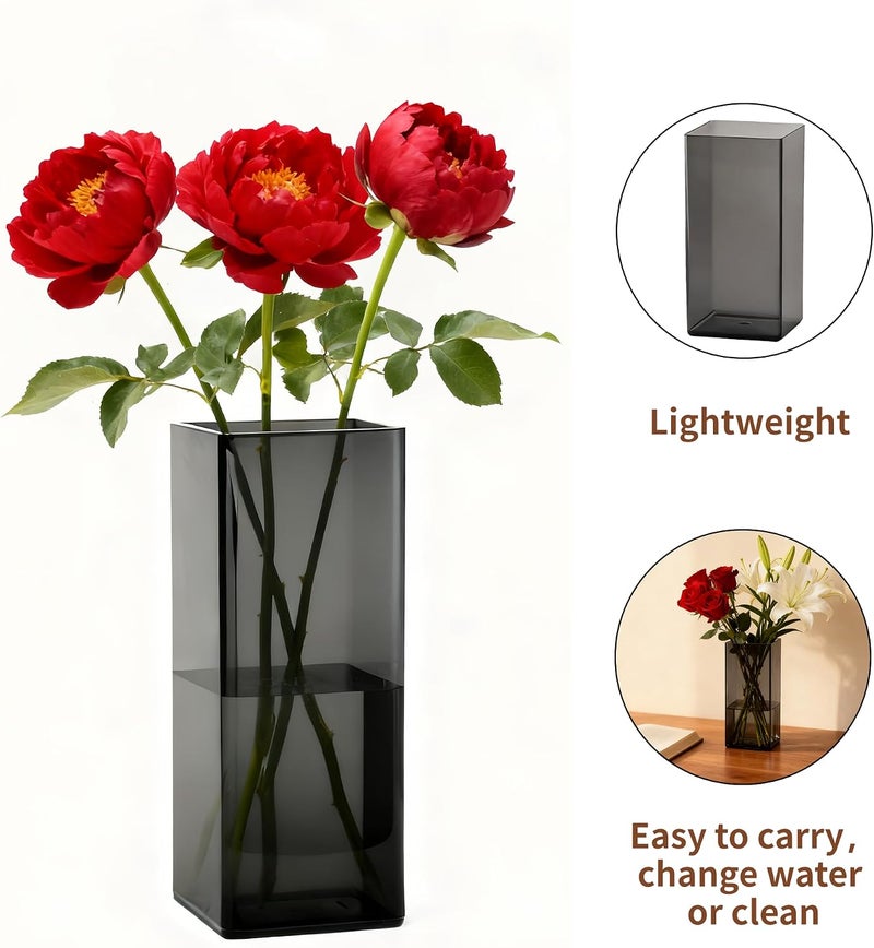 Guluto Acrylic Square Flower Vase, Non-breakable Vase, 4" x 4" x 8" Tall Grey Vases for Flower, Large Cube Floral Plant Container, Planter Terrarium for Wedding Party Event, Home Office Decor - Image 5