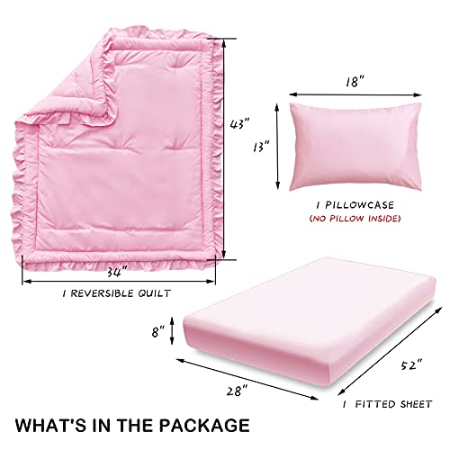 Uozzi Bedding 3 Pieces Crib Bedding Set Baby Ruffle Quilted Comforter with Fitted Sheet and Pillowcase - Cute Ruffled Shabby Chic Bedding Soft Blanket Design Pink - Image 3