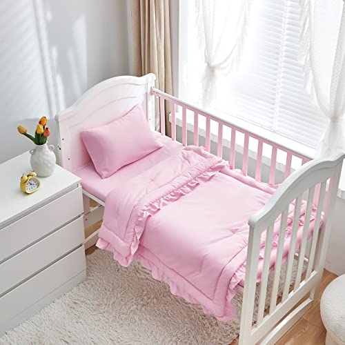 Uozzi Bedding 3 Pieces Crib Bedding Set Baby Ruffle Quilted Comforter with Fitted Sheet and Pillowcase - Cute Ruffled Shabby Chic Bedding Soft Blanket Design Pink - Image 2