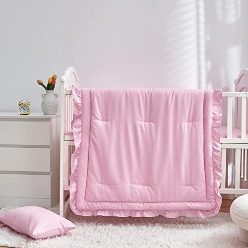 Uozzi Bedding 3 Pieces Crib Bedding Set Baby Ruffle Quilted Comforter with Fitted Sheet and Pillowcase - Cute Ruffled Shabby Chic Bedding Soft Blanket Design Pink - Image 4