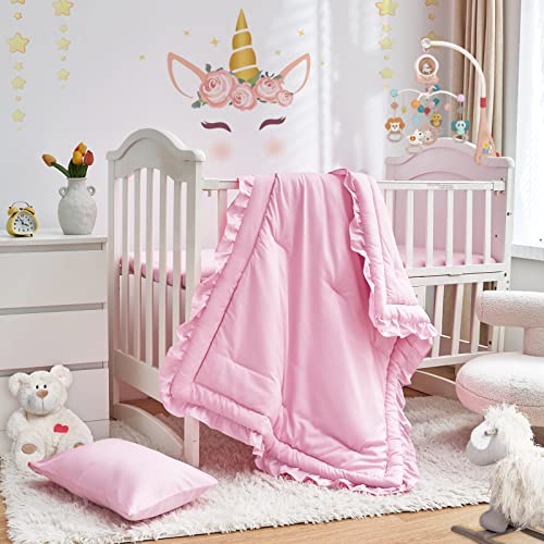 Uozzi Bedding 3 Pieces Crib Bedding Set Baby Ruffle Quilted Comforter with Fitted Sheet and Pillowcase - Cute Ruffled Shabby Chic Bedding Soft Blanket Design Pink - Image 1