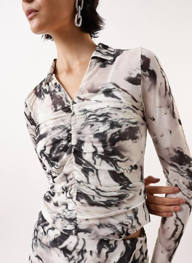 هوبرهولمي Women's White 100% Polyester Self Design Pattern Slim Fit Tops