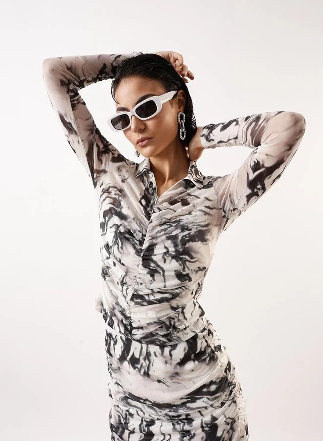 هوبرهولمي Women's White 100% Polyester Self Design Pattern Slim Fit Tops