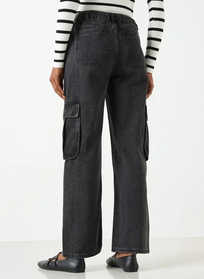 2Xtremz 2Xtremz Solid Wide Leg Cargo Jeans with Pockets