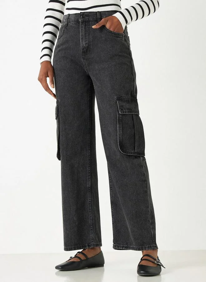 2Xtremz 2Xtremz Solid Wide Leg Cargo Jeans with Pockets