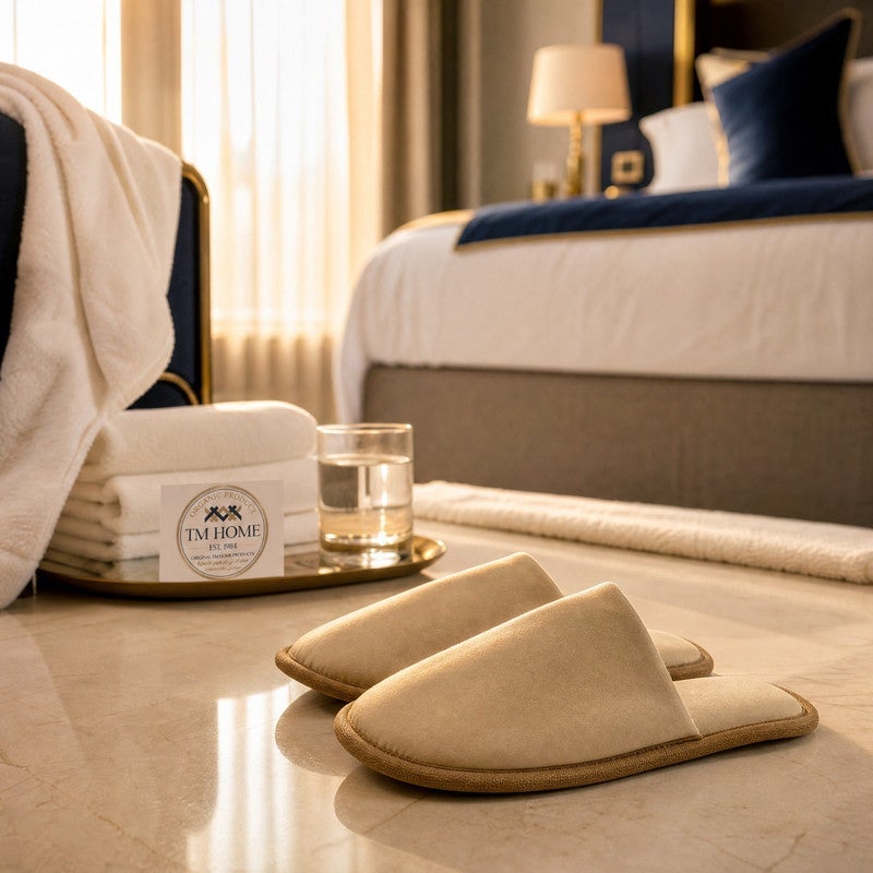 TM HOME Hotel Slippers, Natural Cotton, Satin Finish, Soft Comfortable One Size, Premium Hotel Quality, Beige - Image 1