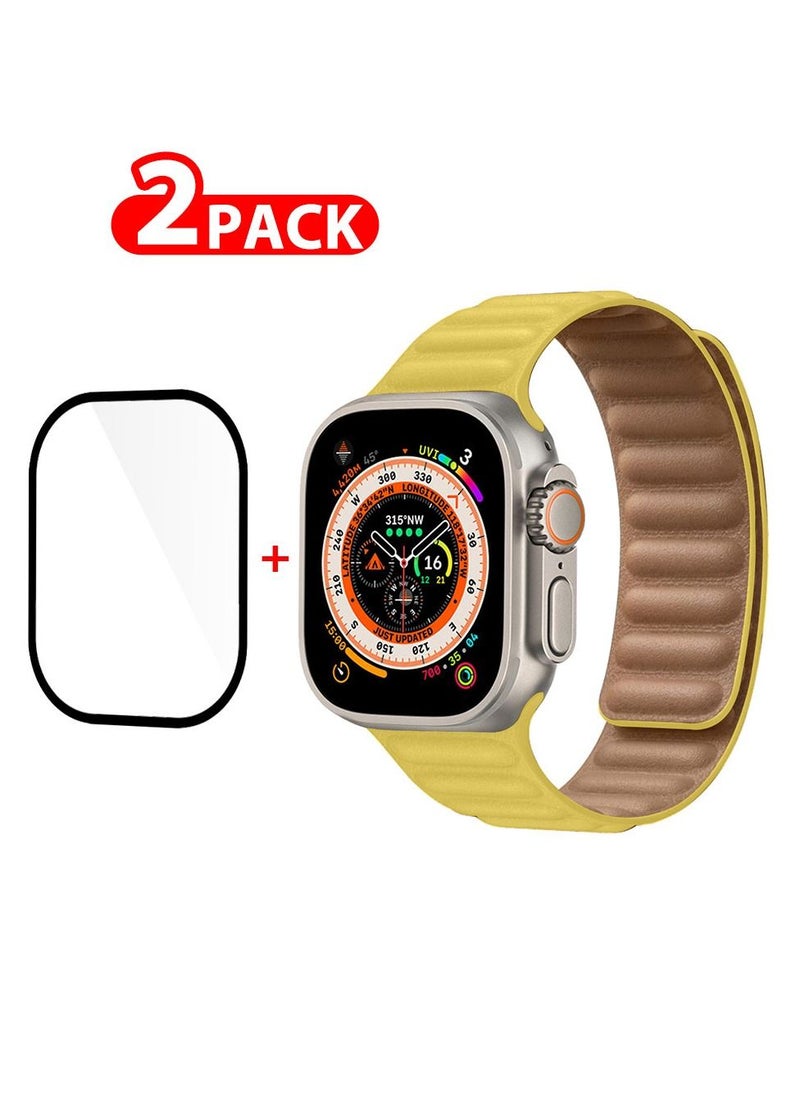 CATANES 2 Packs For Apple Watch Band 49mm Leather Link Strap Magnetic Loop Bracelet and 3D Screen Protector Yellow  - Image 1