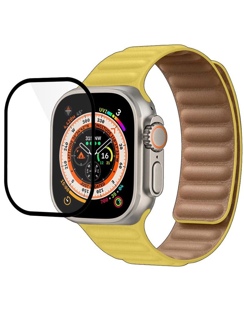CATANES 2 Packs For Apple Watch Band 49mm Leather Link Strap Magnetic Loop Bracelet and 3D Screen Protector Yellow  - Image 3