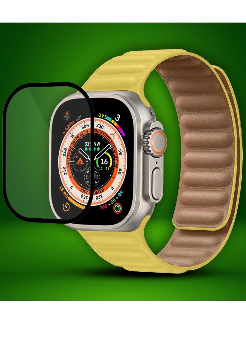CATANES 2 Packs For Apple Watch Band 49mm Leather Link Strap Magnetic Loop Bracelet and 3D Screen Protector Yellow  - Image 2
