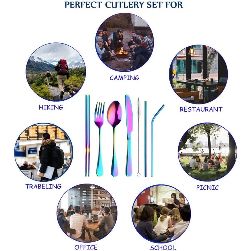 MELUDI 8PCS Rainbow Cutlery Set Colorful Portable Utensils Set Reusable Silverware Cutlery for OutdoorTravelCamping Stainless Steel Flatware Dinnerware Set - Image 2