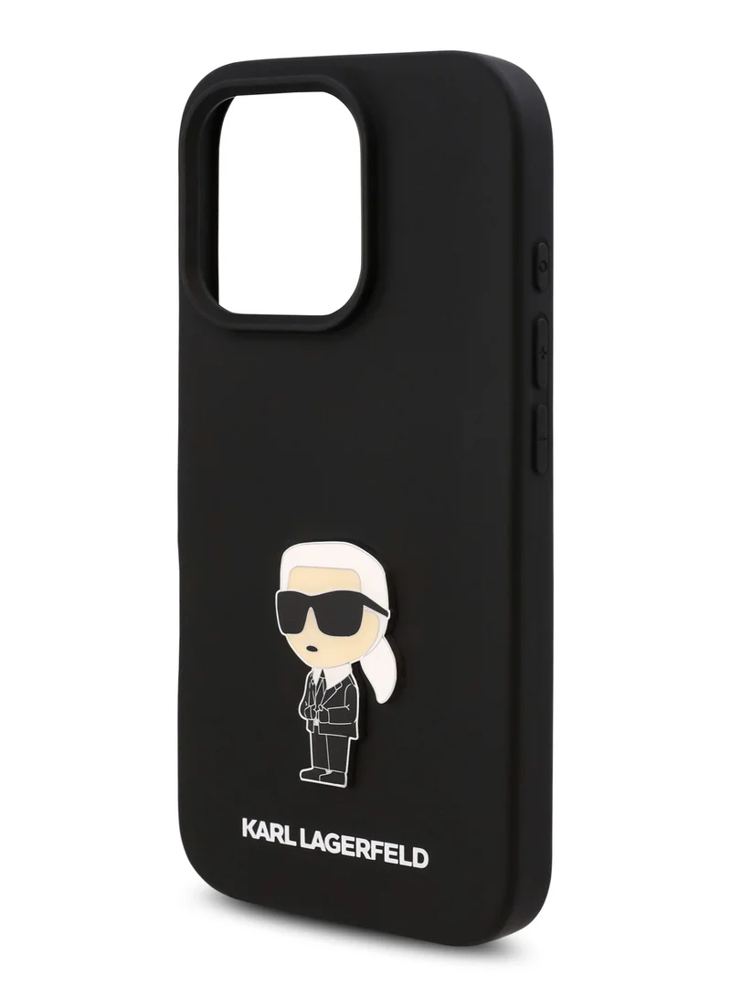 كارل لاغرفيلد جراب iPhone 16 Pro TPU سيليكون مع شعار Ikonik / غطاء خلفي محمي من السقوط / سهل التركيب / قبضة مريحة - أسود