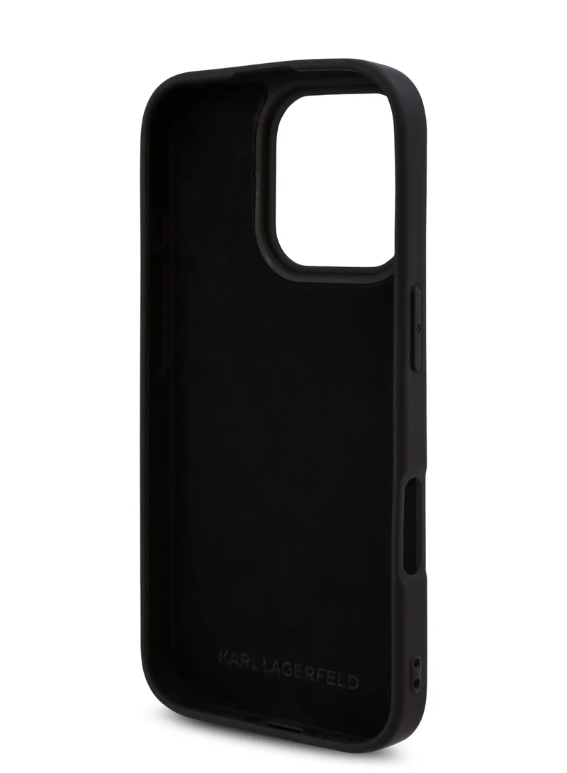 كارل لاغرفيلد جراب iPhone 16 Pro TPU سيليكون مع شعار Ikonik / غطاء خلفي محمي من السقوط / سهل التركيب / قبضة مريحة - أسود