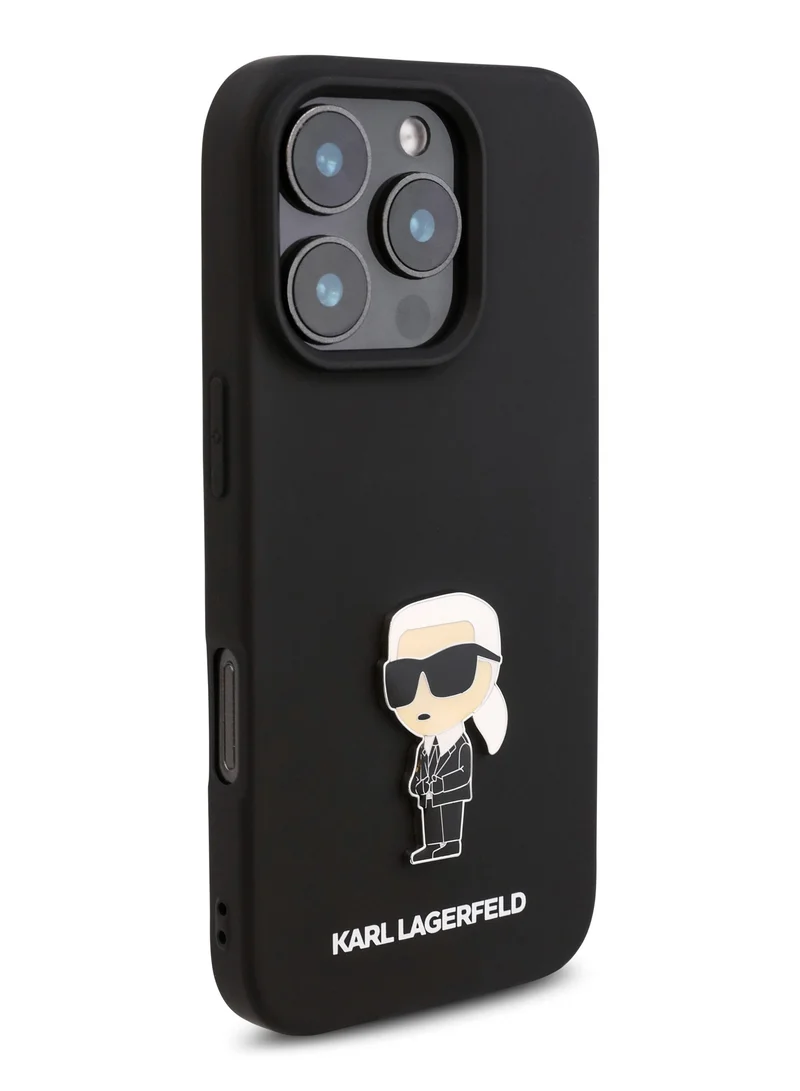 كارل لاغرفيلد جراب iPhone 16 Pro TPU سيليكون مع شعار Ikonik / غطاء خلفي محمي من السقوط / سهل التركيب / قبضة مريحة - أسود
