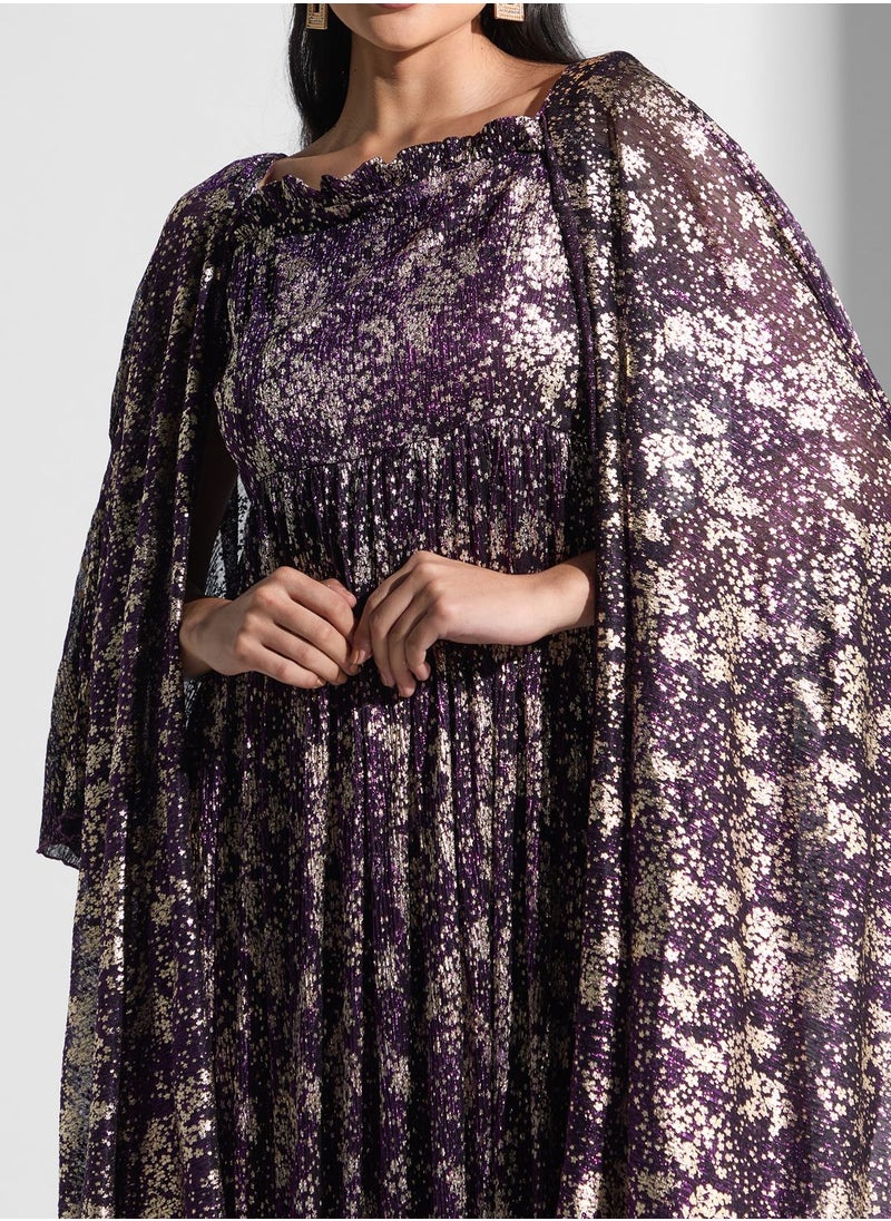 Golden Apple - Floral Printed Cape Sleeve Dress - Image 1