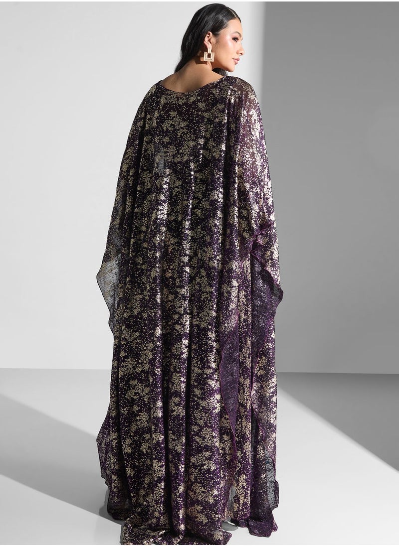 Golden Apple - Floral Printed Cape Sleeve Dress - Image 1