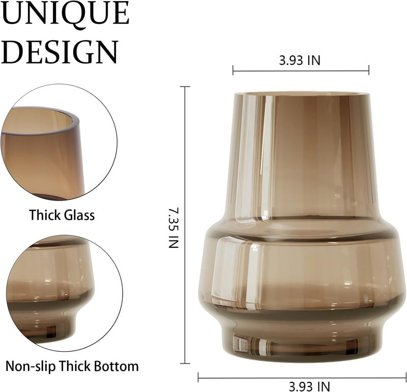 Relexome Amber Glass Vase Bud Flower Vase with Modern Design, Brown Wide Mouth Decorative Vase Gift for Home Decor, Living Room, Dining Table, Entryway, Shelf, Wedding, Office, 7.3 Inch (Amber) - Image 3