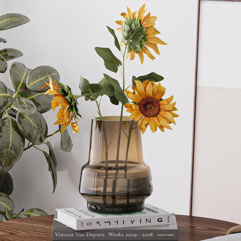 Relexome Amber Glass Vase Bud Flower Vase with Modern Design, Brown Wide Mouth Decorative Vase Gift for Home Decor, Living Room, Dining Table, Entryway, Shelf, Wedding, Office, 7.3 Inch (Amber) - Image 5