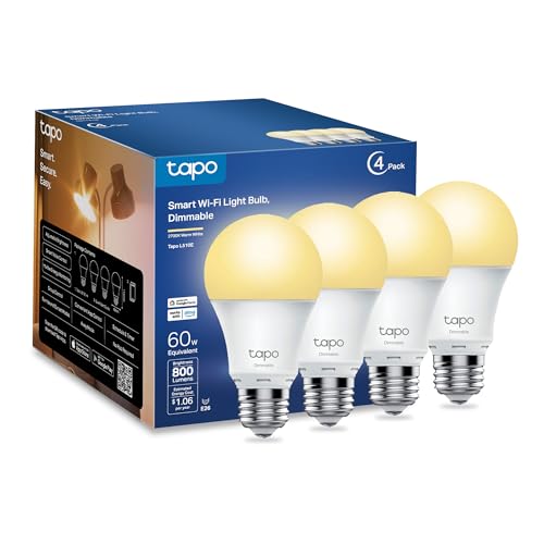 Tapo TP-Link Smart Light Bulbs, 800 Lumens (60W Equivalent), 2700K Soft Warm White LED Bulb, Dimmable, Compatible with Alexa and Google Home, No Hub Required, A19 E26, L510E (4-Pack) - Image 1
