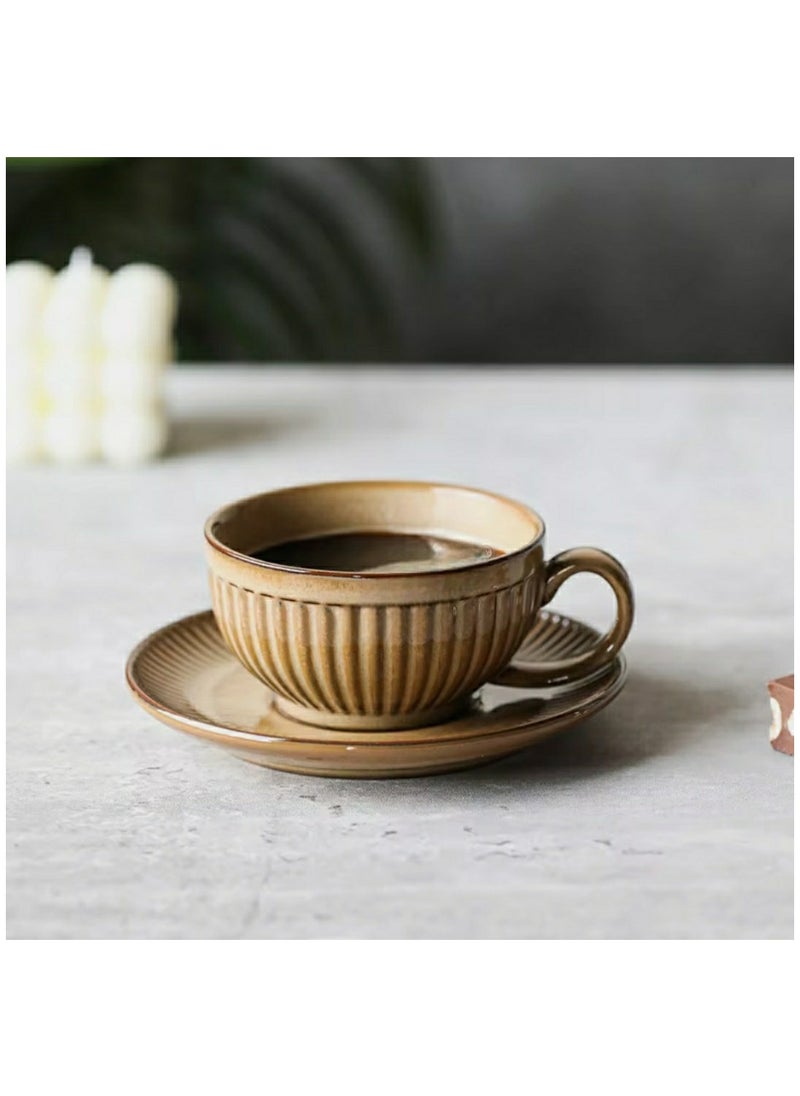 Qahwa Brown ceramic mug with prominent vertical lines and elegant design  - Image 1