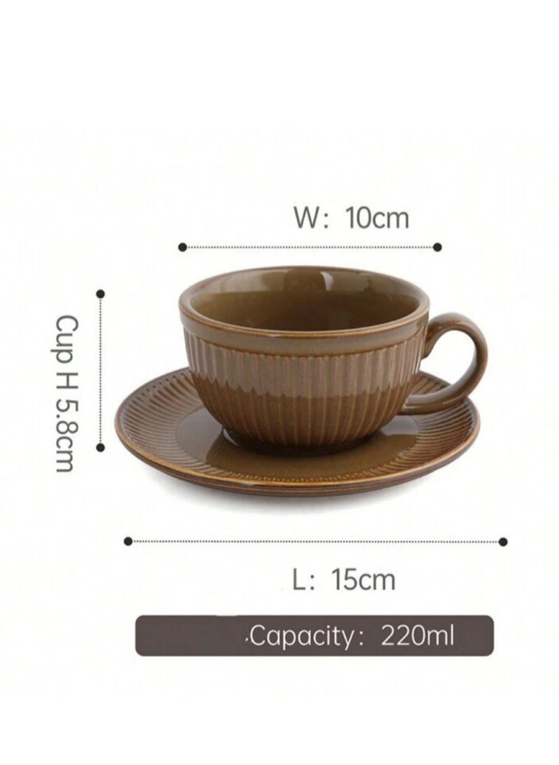 Qahwa Brown ceramic mug with prominent vertical lines and elegant design  - Image 4