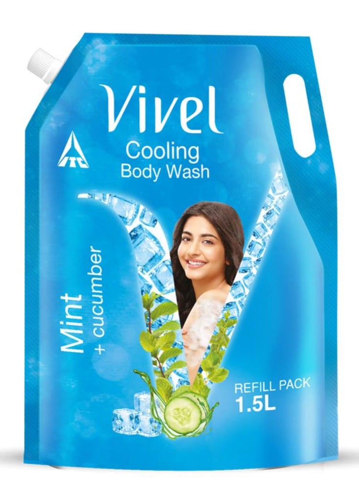 Vivel Exfoliating Body Wash Mint and Cucumber Moisturising Shower Gel 1500ml for Glowing skin and Moisturised Skin Refill Pouch All Skin Types - Image 1