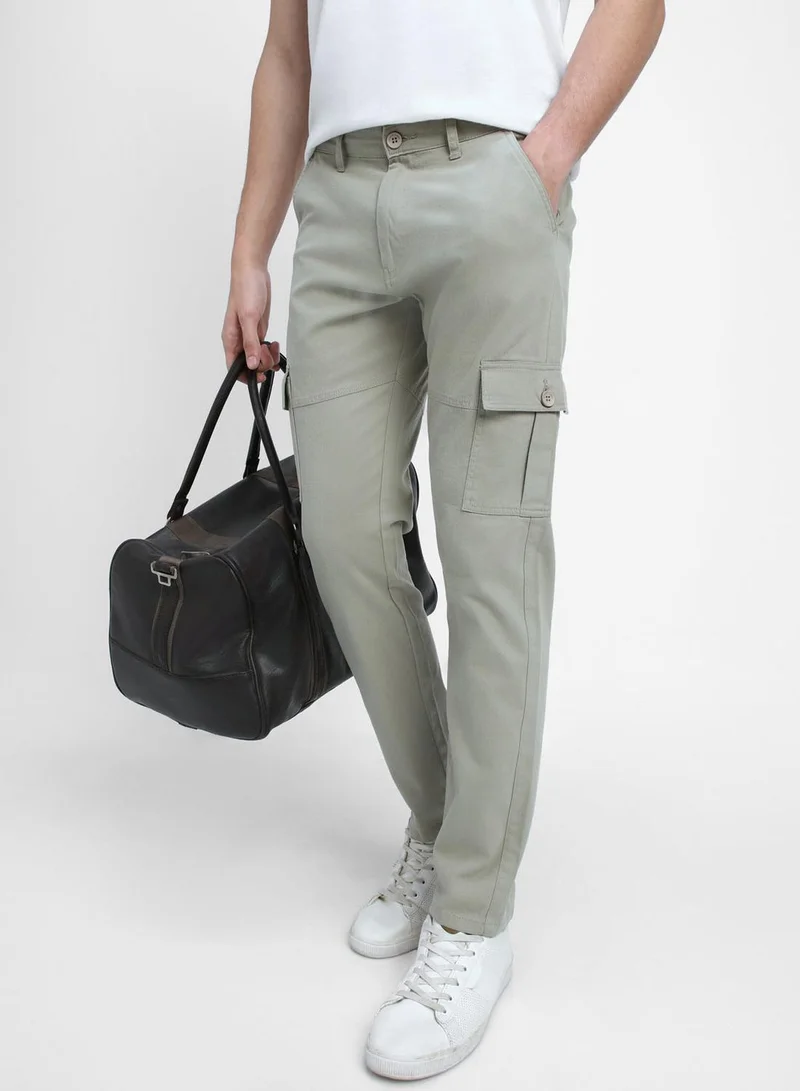 Men'S Dark Olive Cotton Blend Solid Pattern Full Length Cargo Straight Fit Trouser