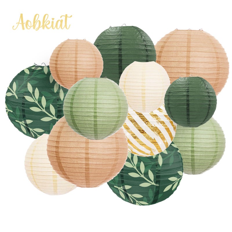 AOBKIAT Party Decorations Paper Lanterns Set,12PCS Sage Green Brown Chinese Japanese Hanging Paper Lantern for Green Boho Wedding,Birthday,Baby Shower,Bridal Showers,Neutral Party Decor - Image 2
