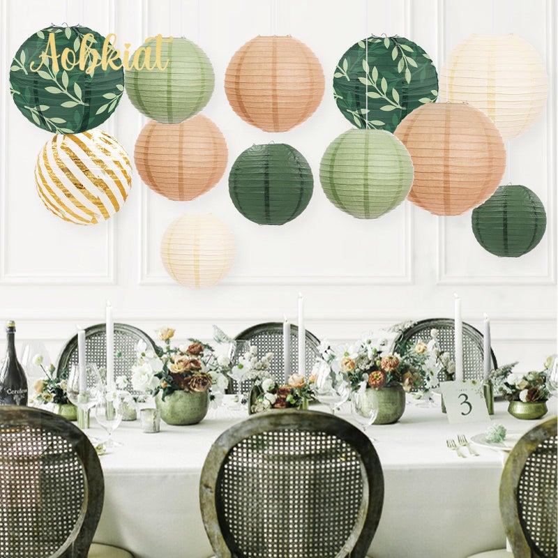 AOBKIAT Party Decorations Paper Lanterns Set,12PCS Sage Green Brown Chinese Japanese Hanging Paper Lantern for Green Boho Wedding,Birthday,Baby Shower,Bridal Showers,Neutral Party Decor - Image 5