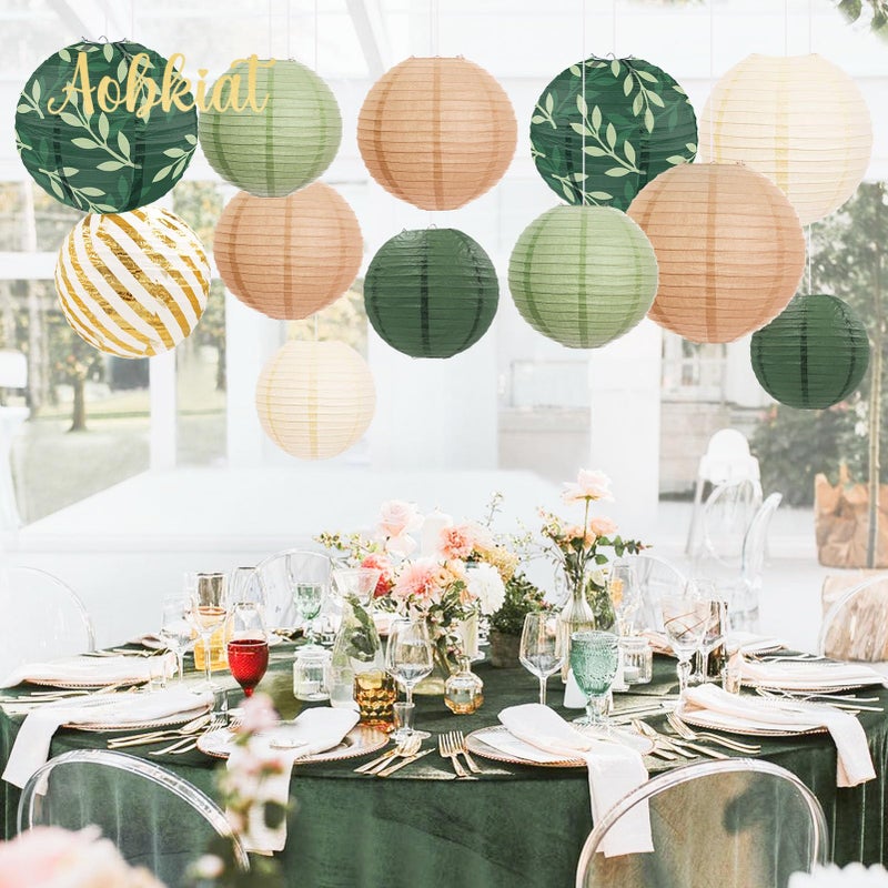 AOBKIAT Party Decorations Paper Lanterns Set,12PCS Sage Green Brown Chinese Japanese Hanging Paper Lantern for Green Boho Wedding,Birthday,Baby Shower,Bridal Showers,Neutral Party Decor - Image 4