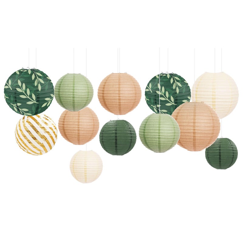 AOBKIAT Party Decorations Paper Lanterns Set,12PCS Sage Green Brown Chinese Japanese Hanging Paper Lantern for Green Boho Wedding,Birthday,Baby Shower,Bridal Showers,Neutral Party Decor - Image 1