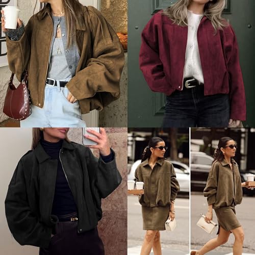 Xunger Women's Faux Suede Bomber Jacket Spring Lapel Pilot Coat Casual Oversized Long Sleeves Trendy Streetwear Outerwear(1026-Beige-L-RD) - Image 3