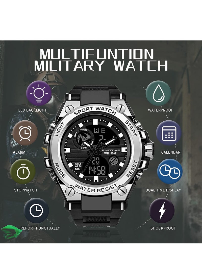 SYOSI Military Watches for Men, Large Face Army Watch, Waterproof Tactical Watches Men Army Digital Sports Outdoor Stopwatch LED Survival Tough Electronic Alarm Clock Black Gold Wrist Watch - Image 3