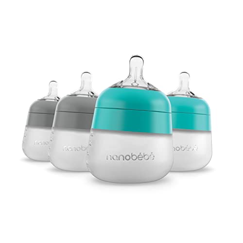NANOBÉBÉ Nanobebe Flexy Silicone Baby Bottle, Anti-Colic, Natural Feel, Non-Collapsing Nipple, Non-Tip Stable Base, Easy to Clean 4-Pack, Grey/Teal, 5 oz - Image 1