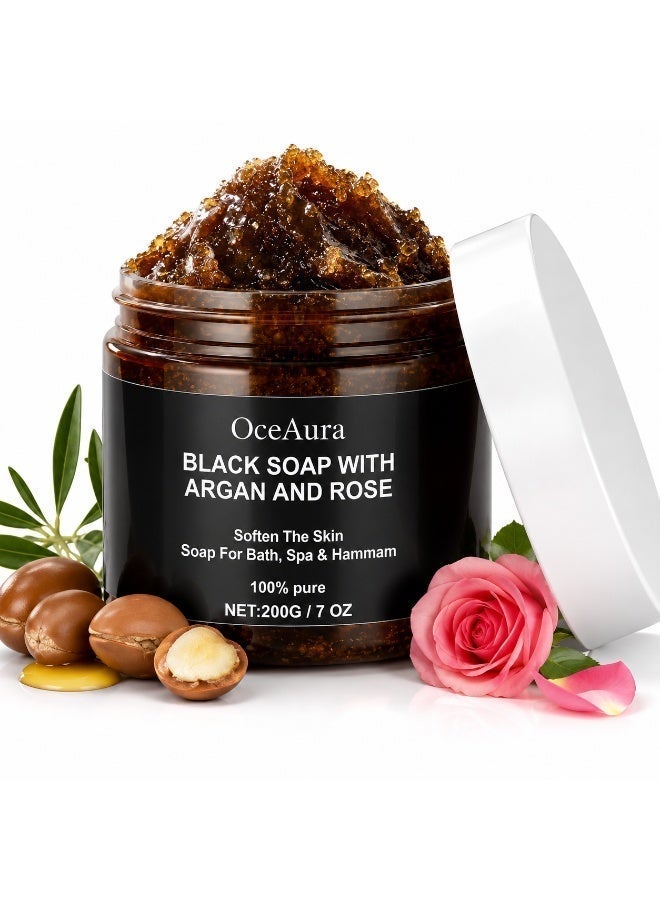 OceAura Morocco Black Beldi Soap With Argan and Rose, Argan Black Soap, Morocco Body Scrub, Body Exfoliator Scrub with Glove, Organic Cleansing, Exfoliating - Image 1