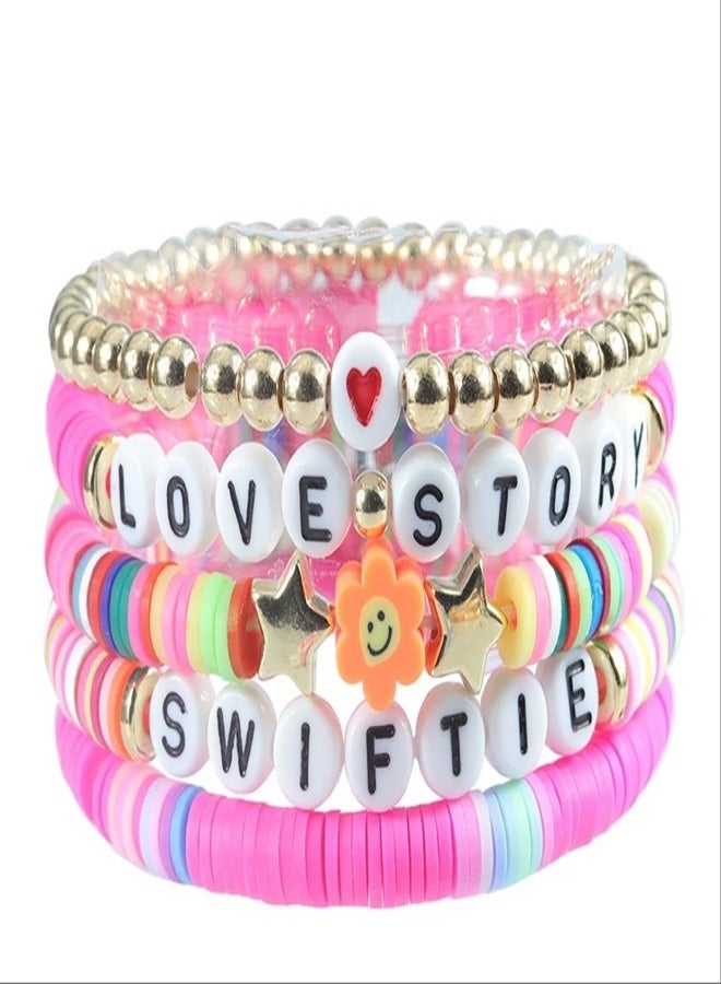 مجموعة 5 أساور صداقة على طراز تايلور سويفت، أساور مرنة ملونة بشارات الوجه الضاحك والعين الزرقاء، إلهام جولة العروض، هدية للفتيات المراهقات، أساور مكدسة ضد الحساسية - وردي - Image 3