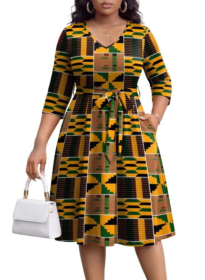 FANDEE Plus Size Midi Dresses for Women - A Line Church Dress V Neck 3/4 Sleeve Wedding Guest Cocktail with Pockets(XL-5XL), 5-yellow Black Print, 4XL - Image 1
