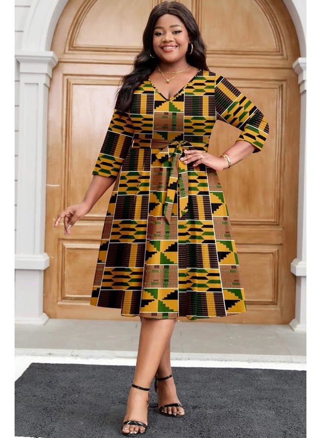 FANDEE Plus Size Midi Dresses for Women - A Line Church Dress V Neck 3/4 Sleeve Wedding Guest Cocktail with Pockets(XL-5XL), 5-yellow Black Print, 4XL - Image 3