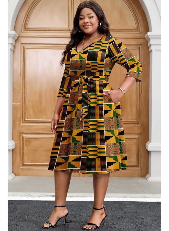 FANDEE Plus Size Midi Dresses for Women - A Line Church Dress V Neck 3/4 Sleeve Wedding Guest Cocktail with Pockets(XL-5XL), 5-yellow Black Print, 4XL - Image 5