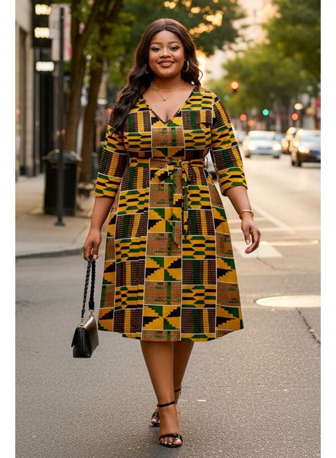 FANDEE Plus Size Midi Dresses for Women - A Line Church Dress V Neck 3/4 Sleeve Wedding Guest Cocktail with Pockets(XL-5XL), 5-yellow Black Print, 4XL - Image 4