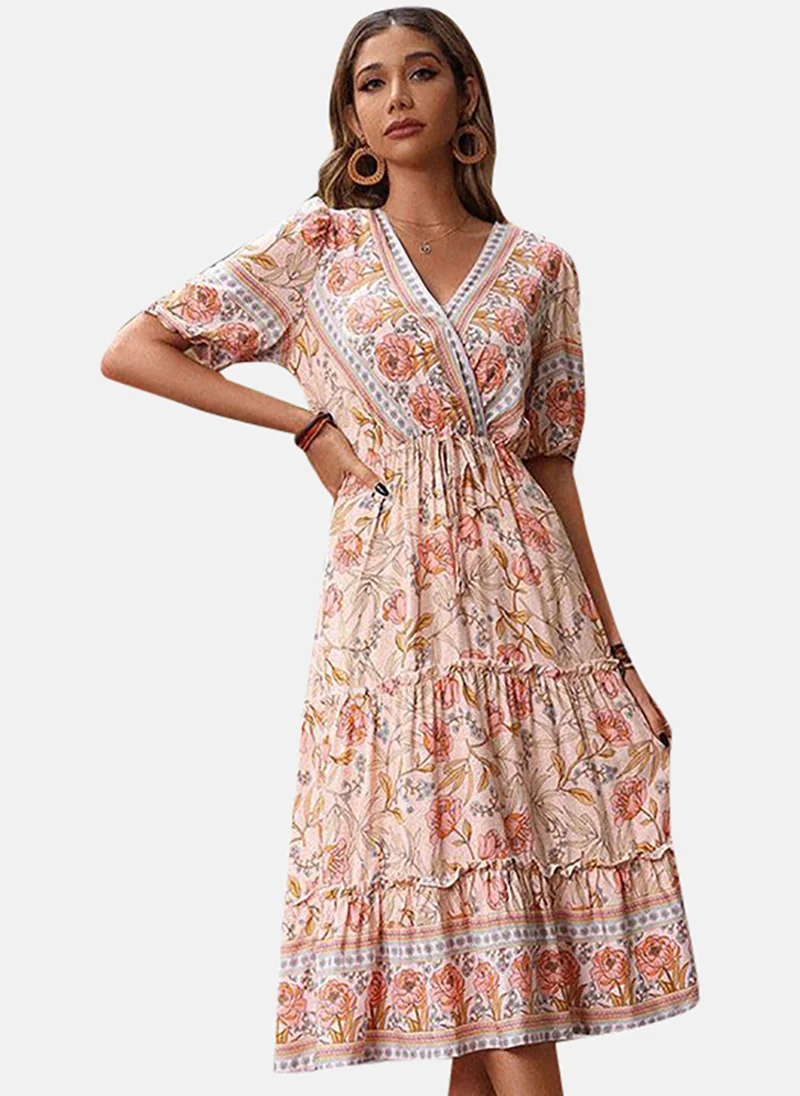 يونيكي Women Floral Printed  Cotton Wrap Midi Dress