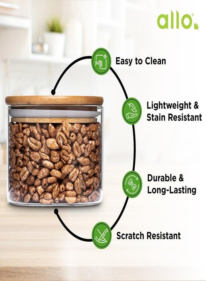 أللو علبة تخزين مطبخ من ألو سعة 300 مل، برطمانات زجاجية بأغطية خشبية - حاويات تخزين طعام من زجاج البوروسيليكات، برطمان زجاجي محكم الإغلاق للشاي والقهوة والتوابل والبقوليات والماسالا (برطمان زجاجي دائري - مجموعة من 1) - Image 5