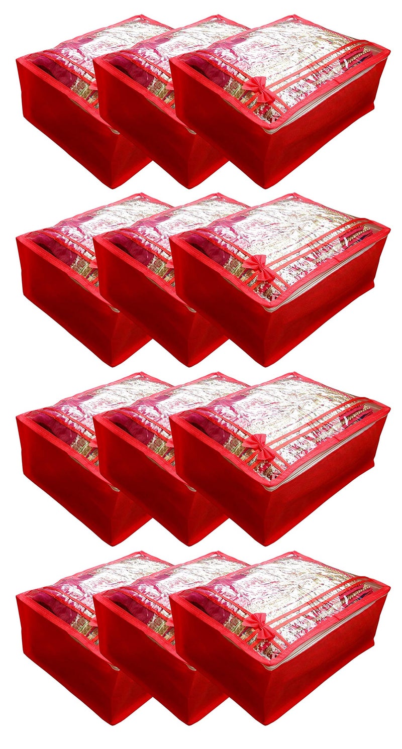 DIKHAWA Non Woven Transparent Top Saree Cover Bag, Cloth Cover Set for Storage with Zip (Set of 12_Red_43X33X18CM) - Image 1