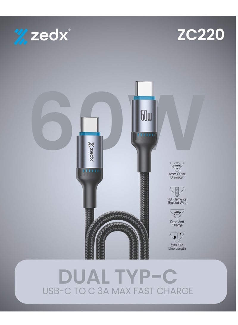 ZedX ZC220 60W USB-C to USB-C Fast Charging Cable – 2M, Braided, Data & Charge